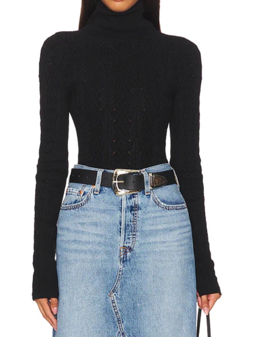 Free People Maddie Turtleneck Sweater Size Small Black Cable Knit Y2K Slim Fit